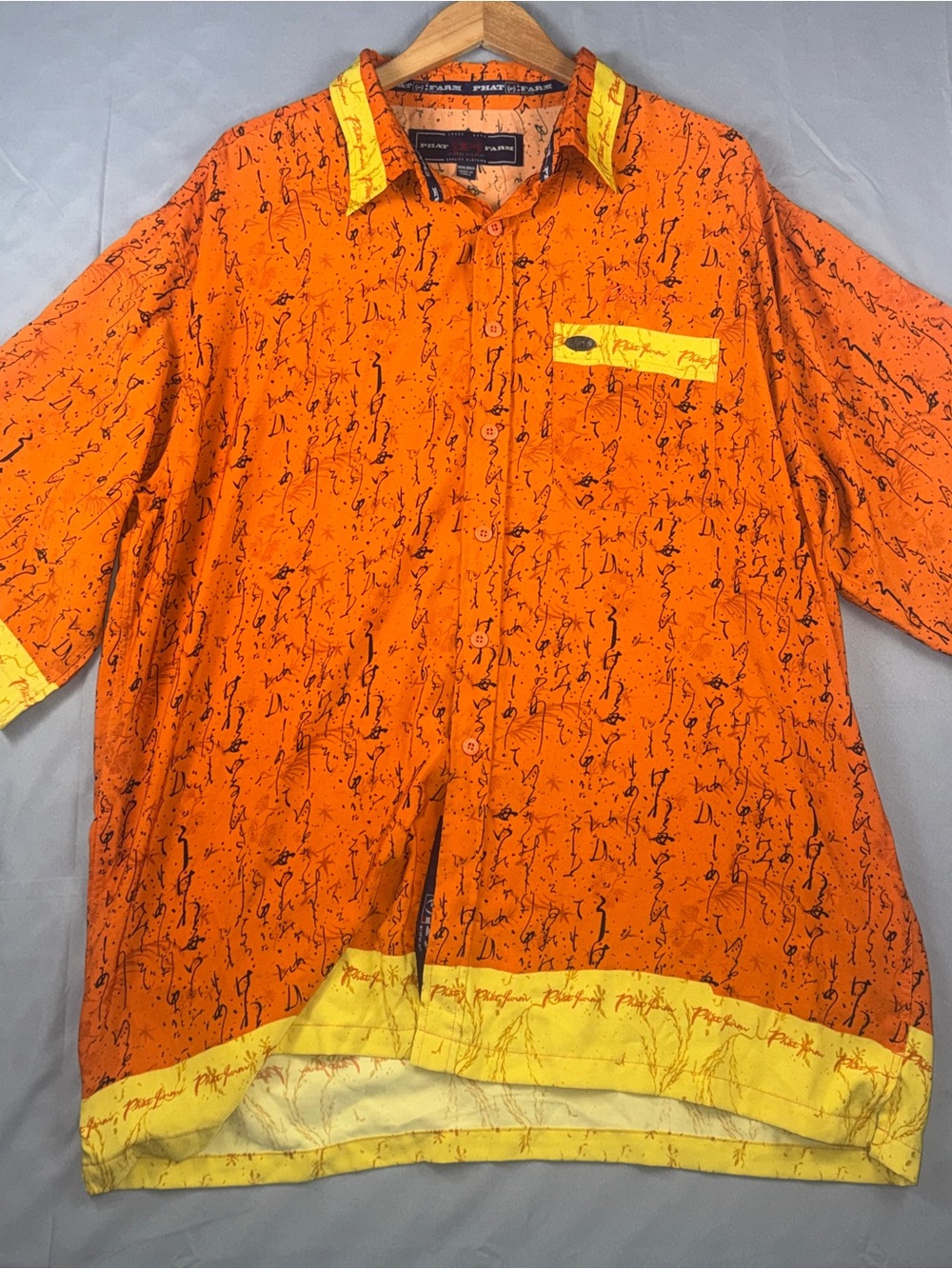 Vintage Phat Farm Shirt Men's 3XL Orange Graphic Print Short Sleeve Button Up